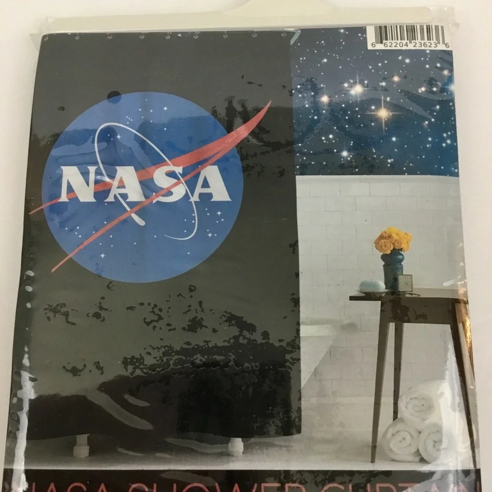 NASA Shower Curtain With 12 Plastic Hooks Set Outer Space Novelty Dorm Kids